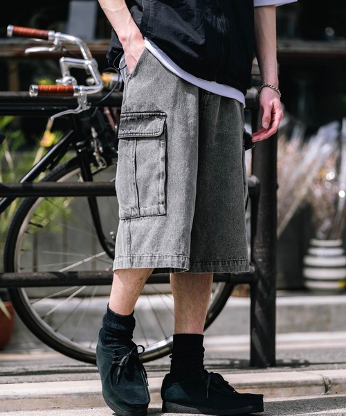 Rocky Monroe(ロッキーモンロー)の「ケミカルウォッシュ/オーバーダイ デニムカーゴワイドハーフパンツ/ショートパンツ(デニムパンツ・メンズ・ブラック/インディゴブルー/ブラウン/ライトブラック/パープル/ケミカルウォッシュ・M/L/XL)」の12枚目の写真