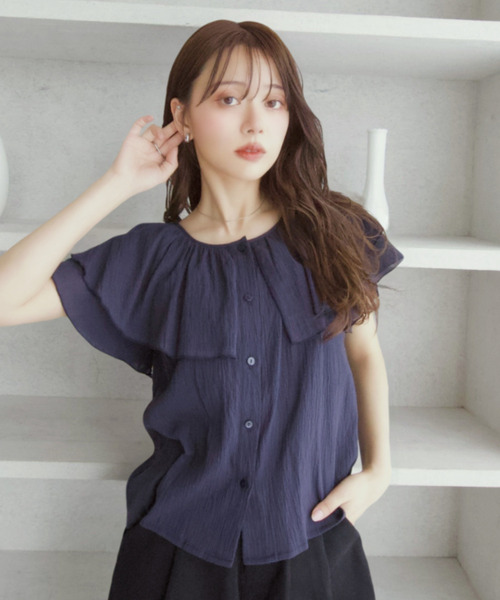 who&#39;s who Chico - ｒｉｎａ♡5分袖エアリー楊柳ブラウス chico 5分丈エアリー楊柳ブラウス （配色メロー楊柳5分袖シャツ
