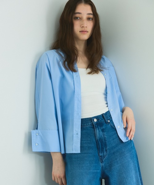 VICKY（ビッキー）の「ノーカラーダブルカフスブラウス≪洗濯機で洗える≫（シャツ/ブラウス・レディース・ネイビー/オフホワイト/ブルー・M）」の19枚目の写真