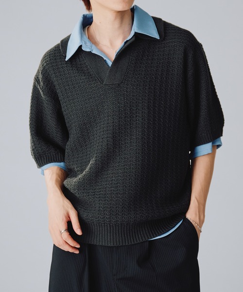 Adoon plain(アドーンプレーン)の「【新色追加】SKIPPER SHORT SLEEVE SUMMER KNIT POLO / スキッパーショートスリーブサマーニットポロ(Tシャツ/カットソー・メンズ・ダークグレー/ベージュ/ブルー/ライトグレー/ライトベージュ/ボルドー/ブラウン/ブラック/ライトブルー・MEDIUM/LARGE)」の11枚目の写真