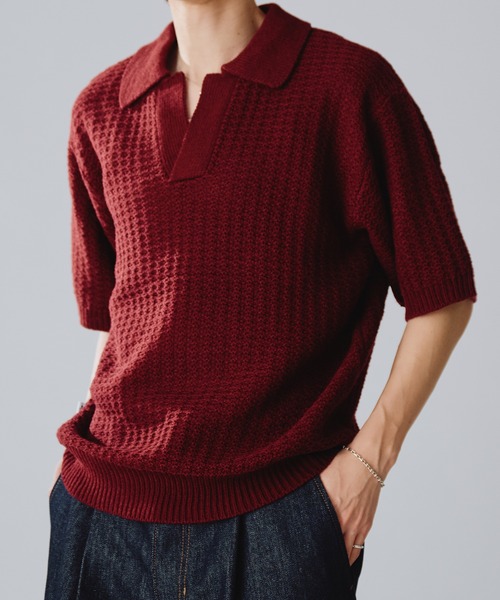 Adoon plain(アドーンプレーン)の「【新色追加】SKIPPER SHORT SLEEVE SUMMER KNIT POLO / スキッパーショートスリーブサマーニットポロ(Tシャツ/カットソー・メンズ・ダークグレー/ベージュ/ブルー/ライトグレー/ライトベージュ/ボルドー/ブラウン/ブラック/ライトブルー・MEDIUM/LARGE)」の14枚目の写真