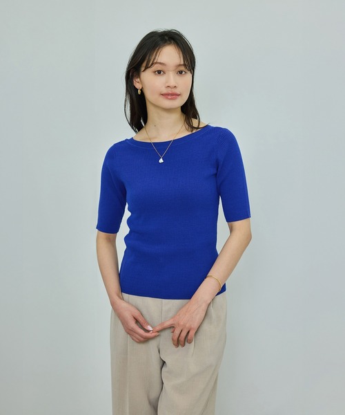 ROPE'（ロペ）の「【洗える】【WEB・一部店舗限定】前後2WAYボートネックリブ5分袖ニット（ニット/セーター・レディース・オフホワイト/ピンク/ブラック/ブルー・FREE）」の10枚目の写真