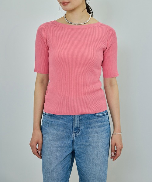 ROPE'（ロペ）の「【洗える】【WEB・一部店舗限定】前後2WAYボートネックリブ5分袖ニット（ニット/セーター・レディース・オフホワイト/ピンク/ブラック/ブルー・FREE）」の21枚目の写真