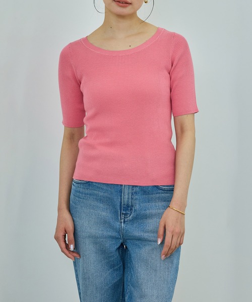 ROPE'（ロペ）の「【洗える】【WEB・一部店舗限定】前後2WAYボートネックリブ5分袖ニット（ニット/セーター・レディース・オフホワイト/ピンク/ブラック/ブルー・FREE）」の22枚目の写真