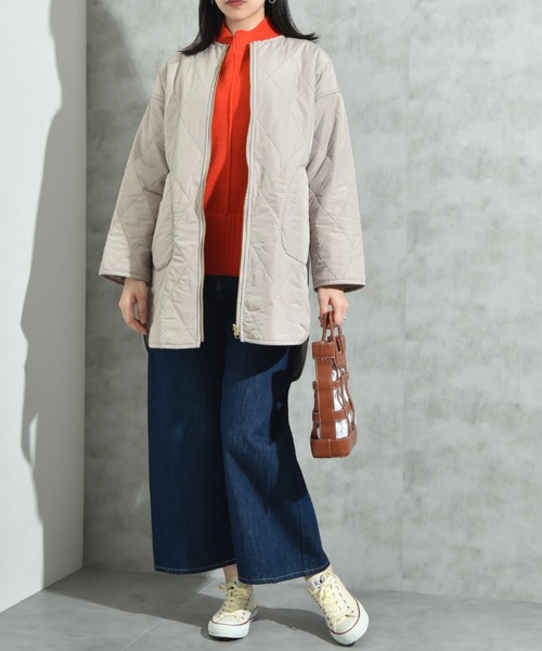INTERPLANET（インタープラネット）の「タフタ＊キルトリバーシブルミドルコート（ノーカラーコート・レディース・グレイッシュベージュ/チャコールグレー・FREE）」の22枚目の写真