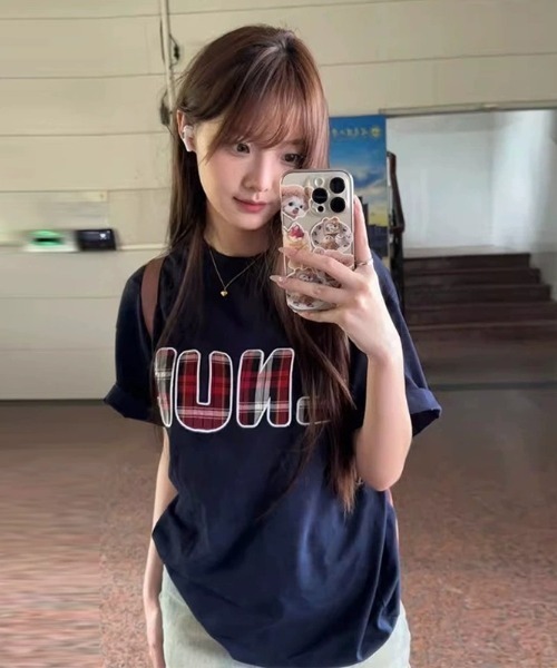 ma 韓国ファッションꕤ着画載せてますꕤ チェック ロゴ プリント 古着風 Tシャツ 韓国ファッション 韓国