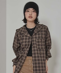 フード付きオーバーサイズチェックシャツ