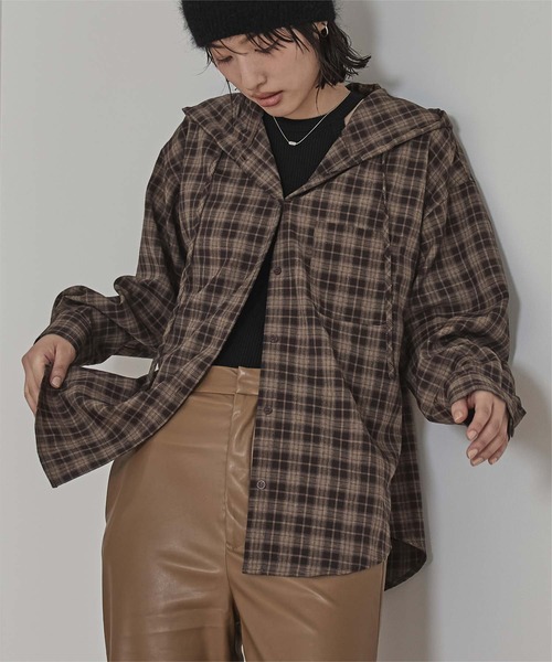 miette(ミエット)の「フード付きオーバーサイズチェックシャツ(シャツ/ブラウス・レディース・ブラック/ネイビー/ブラウン・FREE)」の17枚目の写真