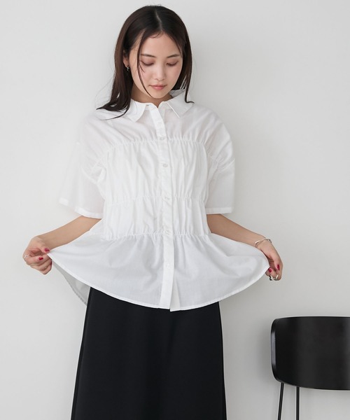 ブラウス シャツ 「ZOZO限定」ブロードシャーリングシャツ レディース セール】【forksy.】シャーリングデザイン ビスチェライク半袖