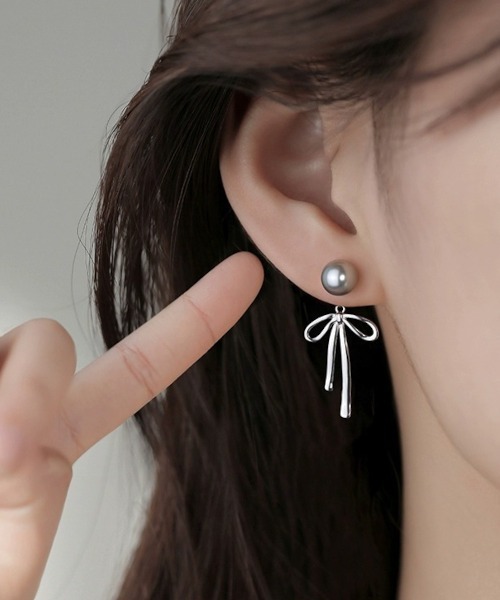 MASHIRO(マシロ)の「【MASHIRO】バックドロップリボンパールピアス バレエコア(ピアス(両耳用)・レディース・シルバー・FREE)」の4枚目の写真