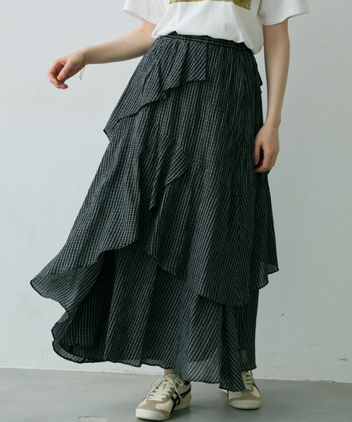 Crisp（クリスプ）の「チェックフリルティアードスカート（スカート・レディース・ブラック/ホワイト・FREE）」の2枚目の写真