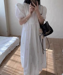リボン柄パフスリーブフレンチワンピース
