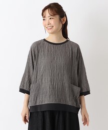 チェック柄 リブ付きラグラン7分袖ブラウス