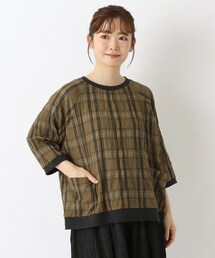 チェック柄 リブ付きラグラン7分袖ブラウス