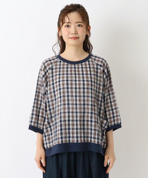 one'sterrace(ワンズテラス)の「チェック柄 リブ付きラグラン7分袖ブラウス(シャツ/ブラウス・レディース・ブラック系8/ネイビー系5/ダークブラウン系8・02)」の5枚目の写真