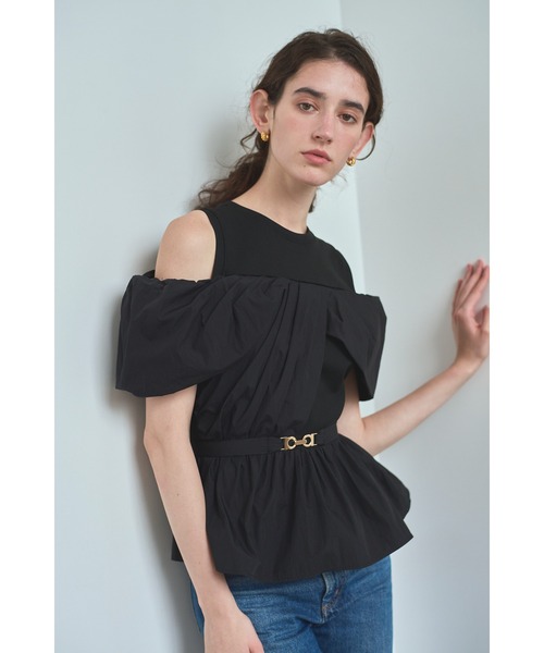 Estella.K(エステラケー)の「Delina Belted Top リブ&タフタTOP(Tシャツ/カットソー・レディース・ホワイト/ブラック・FREE)」の2枚目の写真