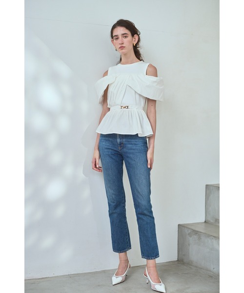 Estella.K(エステラケー)の「Delina Belted Top リブ&タフタTOP(Tシャツ/カットソー・レディース・ホワイト/ブラック・FREE)」の6枚目の写真
