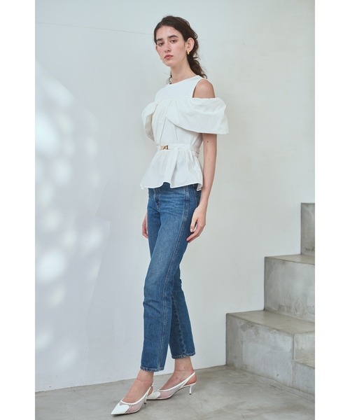 Estella.K(エステラケー)の「Delina Belted Top リブ&タフタTOP(Tシャツ/カットソー・レディース・ホワイト/ブラック・FREE)」の12枚目の写真