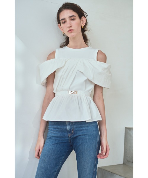 Estella.K(エステラケー)の「Delina Belted Top リブ&タフタTOP(Tシャツ/カットソー・レディース・ホワイト/ブラック・FREE)」の3枚目の写真