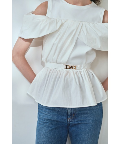Estella.K(エステラケー)の「Delina Belted Top リブ&タフタTOP(Tシャツ/カットソー・レディース・ホワイト/ブラック・FREE)」の8枚目の写真