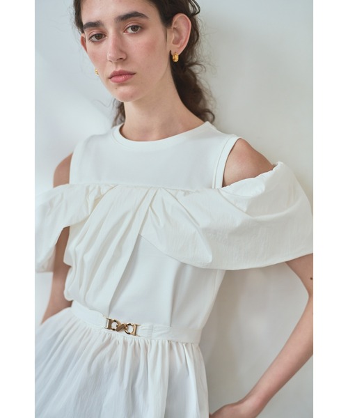 Estella.K(エステラケー)の「Delina Belted Top リブ&タフタTOP(Tシャツ/カットソー・レディース・ホワイト/ブラック・FREE)」の4枚目の写真