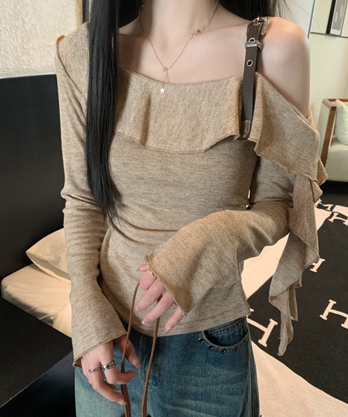 Lace Ladies(レースレディース)の「フリル ネック ワンショルダー 長袖 カットソー(Tシャツ/カットソー・レディース・モカ・XL/M/S)」の1枚目の写真