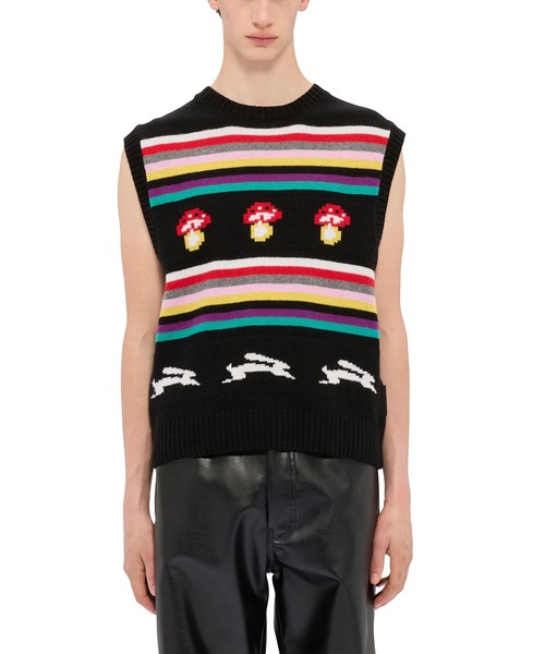 MSGM(エムエスジーエム)の「「FOLLOW THE RABBIT&MUSHROOM」マルチジャガードニットベスト(ニット/セーター・メンズ・ブラック・M)」の2枚目の写真