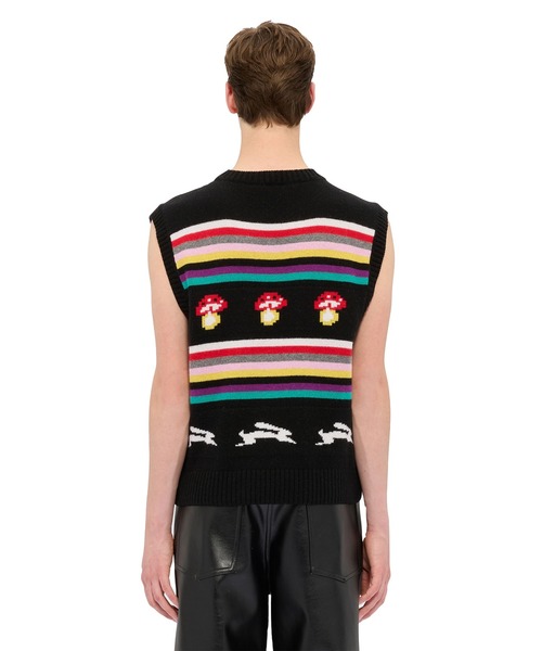 MSGM(エムエスジーエム)の「「FOLLOW THE RABBIT&MUSHROOM」マルチジャガードニットベスト(ニット/セーター・メンズ・ブラック・M)」の3枚目の写真