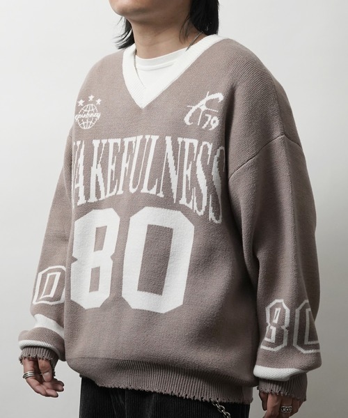 確実正規品　00s stone  knit sweater y2k セール】Y2K ロゴ ダメージ加工 Vネック ニット プルオーバー メンズ