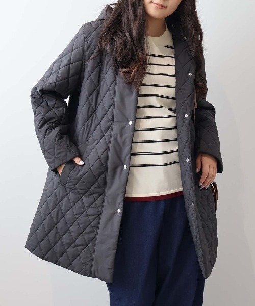 セール】【L～6L 大きいサイズ】中綿キルト切替えフーテッドコート