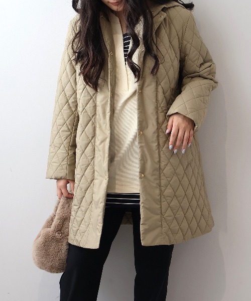 セール】【L～6L 大きいサイズ】中綿キルト切替えフーテッドコート