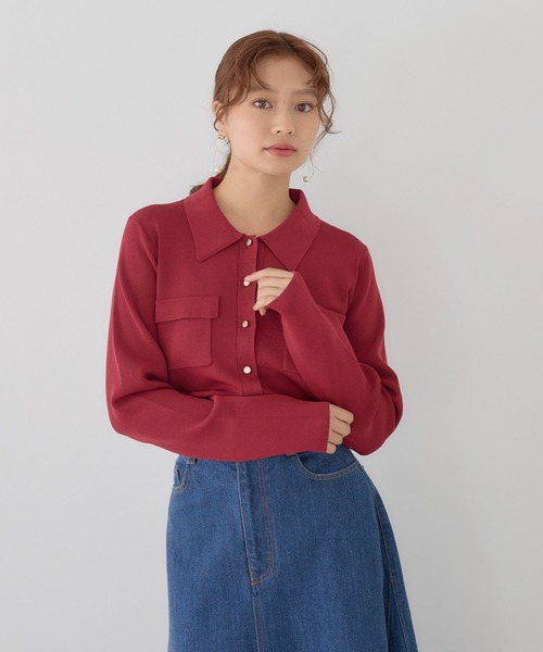 Andemiu(アンデミュウ)の「キンボタンポロニット長袖601790(ニット/セーター・レディース・ネイビー/レッド/アイボリー・FREE)」の1枚目の写真