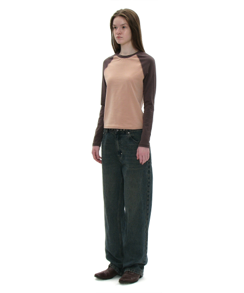 PARTIMENTO WOMEN（パルティメントウィメン）の「PWC カラーブロックレグランロングスリーブTシャツ_コーラルベージュ（Tシャツ/カットソー・レディース・その他・SMALL/MEDIUM/LARGE）」の2枚目の写真