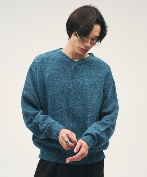 セール】SHALLOW V-NECK WOOL BLEND MELANG KNIT / 浅Vネックウール