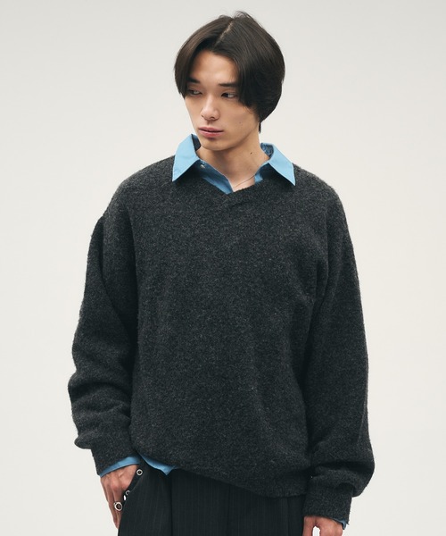 セール】SHALLOW V-NECK WOOL BLEND MELANG KNIT / 浅Vネックウール
