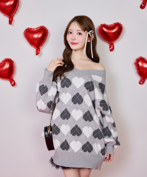 one after another NICE CLAUP（ワンアフターアナザーナイスクラップ）の「【Heart Collection】ハートアーガイルニットミニワンピース（ワンピース・レディース・グレー系その他/ピンク系その他/ホワイト系その他・FREE）」の19枚目の写真