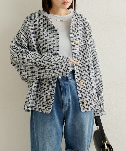 Omekashi オメカシ　ツイードジャケット　ノーカラー完売商品 ノーカラーツイードジャケット（ノーカラージャケット）｜Omekashi