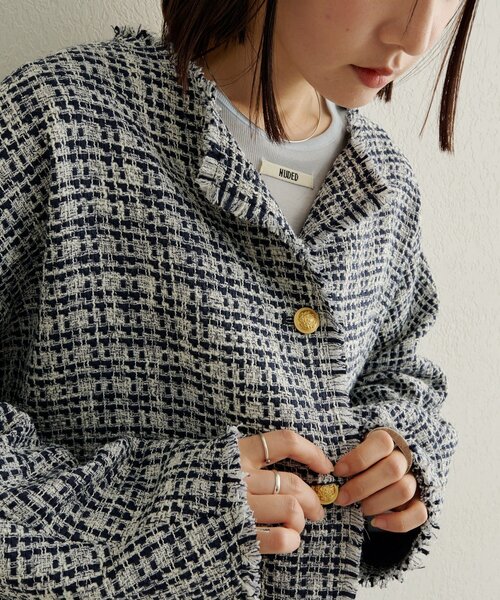 Omekashi オメカシ　ツイードジャケット　ノーカラー完売商品 ノーカラーツイードジャケット（ノーカラージャケット）｜Omekashi