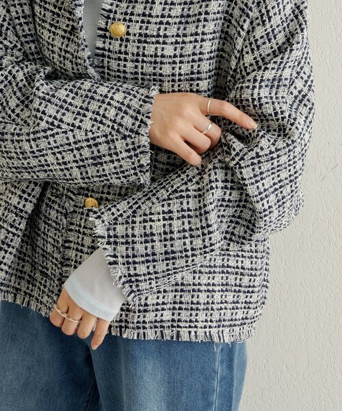 Omekashi オメカシ　ツイードジャケット　ノーカラー完売商品 ノーカラーツイードジャケット（ノーカラージャケット）｜Omekashi
