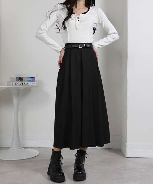 セール】ベルト付 タックプリーツ ロングスカート（スカート