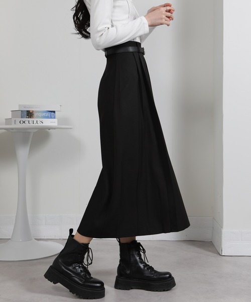 セール】ベルト付 タックプリーツ ロングスカート（スカート