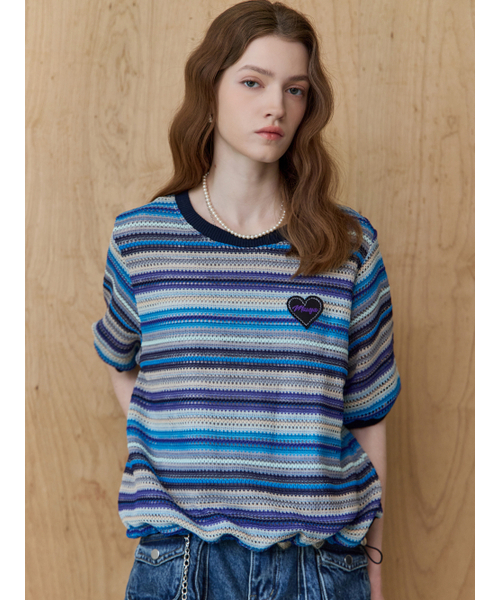 MAXZA(マージャコレクション)の「マルチストライプラウンドネック半袖ニットTシャツ(Tシャツ/カットソー・レディース・その他・FREE)」の4枚目の写真