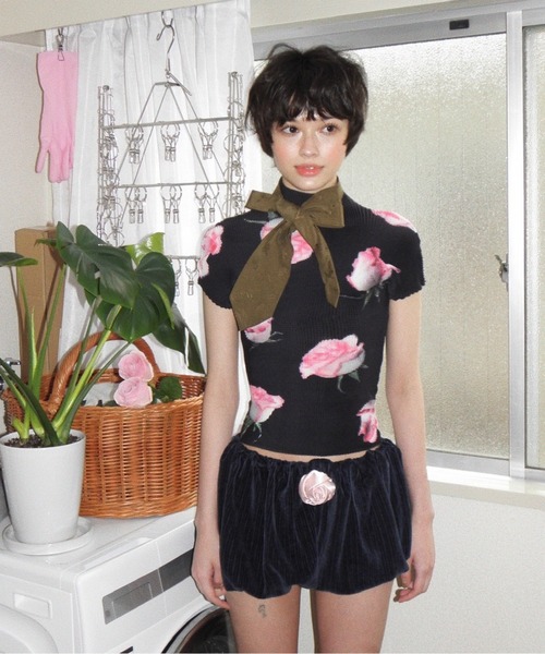 pleated print tops 'scattered rose' / プリーツプリントトップス（T