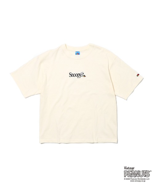 FRUIT OF THE LOOM(フルーツオブザルーム)の「【FRUIT OF THE LOOM】FTL x PEANUTS16/-OE 天竺T シャツ1 / スヌーピーロゴ 半袖Tシャツ(Tシャツ/カットソー・メンズ・アイボリー/チャコールグレー・M/S/L)」の1枚目の写真