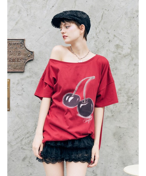 jouetie(ジュエティ)の「チェリーワンショルルーズTシャツ(Tシャツ/カットソー・レディース・ブラック/レッド/オフホワイト・MEDIUM)」の11枚目の写真