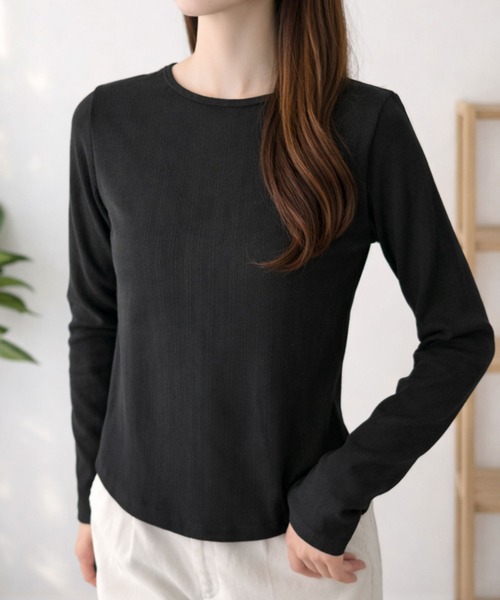 Dewlily(デューリリー)の「落ち着きのある大人ベーシック ラウンドネックリブカットソー(Tシャツ/カットソー・レディース・ブラック/ブラウン・L)」の1枚目の写真