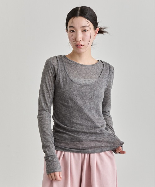 NUJOH(ヌゾ)の「Sheer Layered Tee Set / シアーレイヤードTセット(アンサンブル・レディース・ブラック/ブルー/チャコールグレー/ライトベージュ/ライトグレー/グリーン/ホワイト/ピンク・FREE)」の4枚目の写真