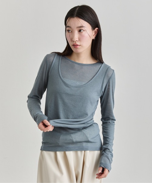 NUJOH(ヌゾ)の「Sheer Layered Tee Set / シアーレイヤードTセット(アンサンブル・レディース・ブラック/ブルー/チャコールグレー/ライトベージュ/ライトグレー/グリーン/ホワイト/ピンク・FREE)」の8枚目の写真