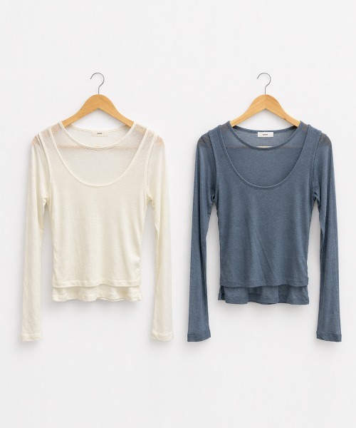 NUJOH(ヌゾ)の「Sheer Layered Tee Set / シアーレイヤードTセット(アンサンブル・レディース・ブラック/ブルー/チャコールグレー/ライトベージュ/ライトグレー/グリーン/ホワイト/ピンク・FREE)」の21枚目の写真