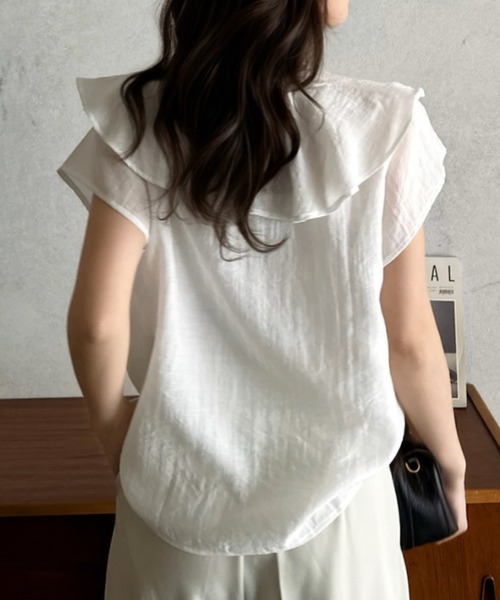 Eclat one(エクラワン)の「【Eclat one】フロントリボン フリルカラー 半袖 ブラウス(シャツ/ブラウス・レディース・ピンク/オフホワイト/ブラック・M)」の5枚目の写真